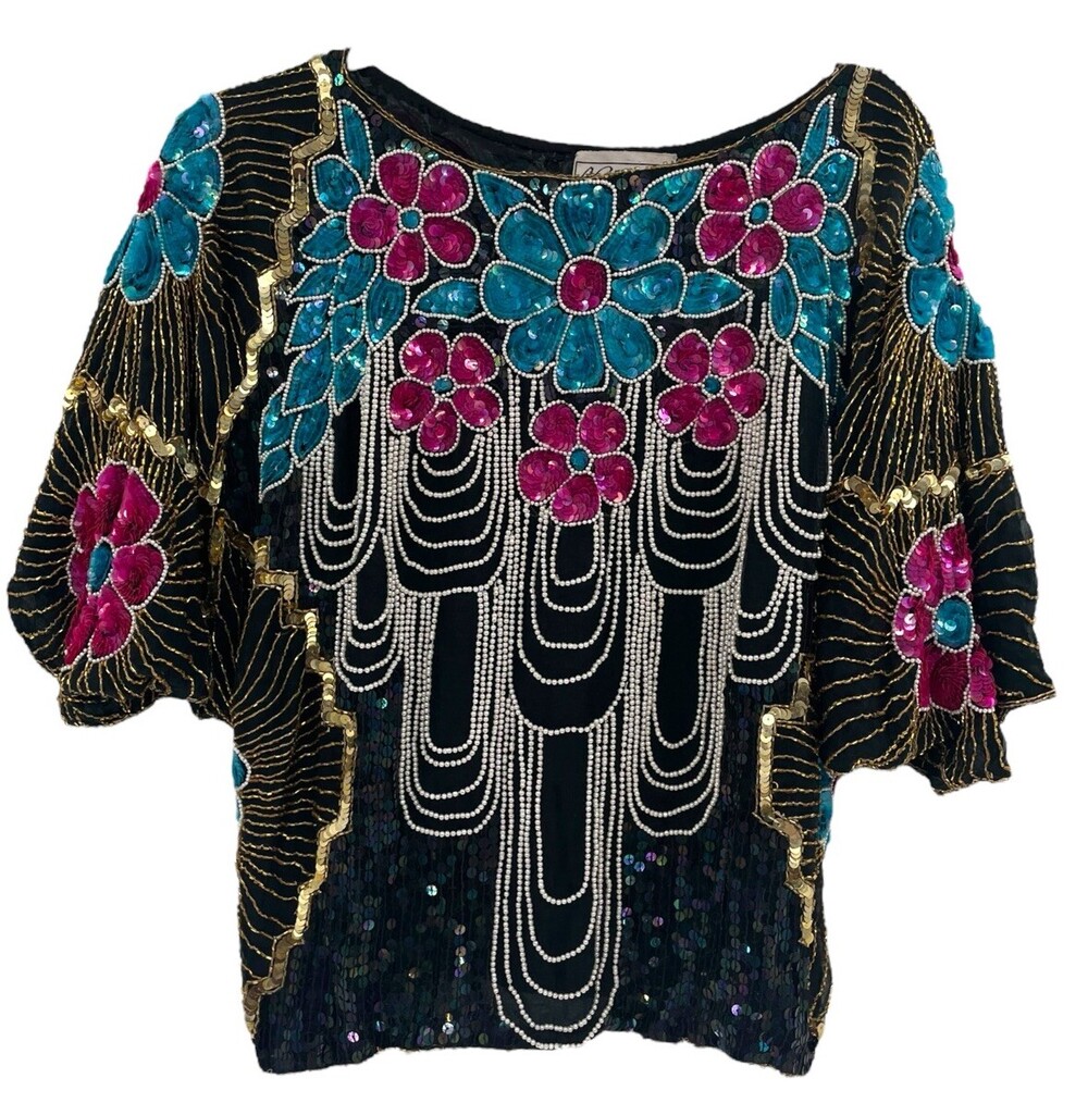 Vintage Chanson D'Amour Blouse Womens Small Black Beaded Sequin Floral Silk Top